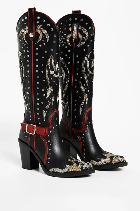 Black cowboy boots with red and silver pattern