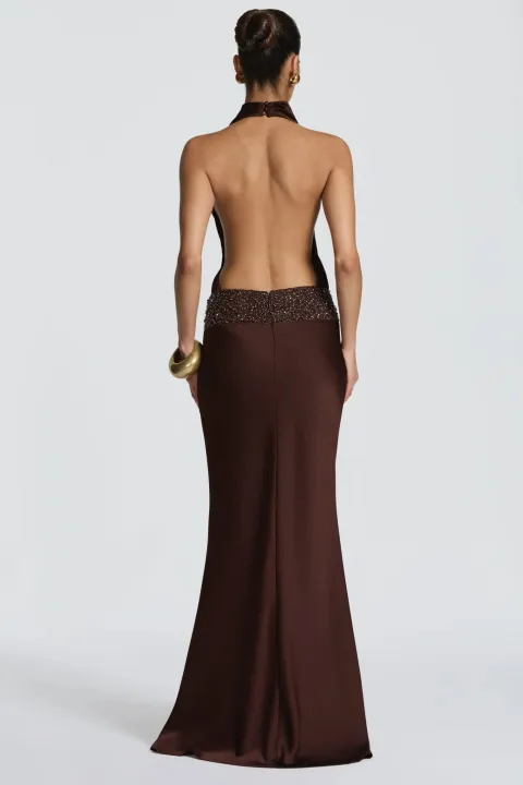 Brown off-shoulder satin dress with beaded hip detailing
