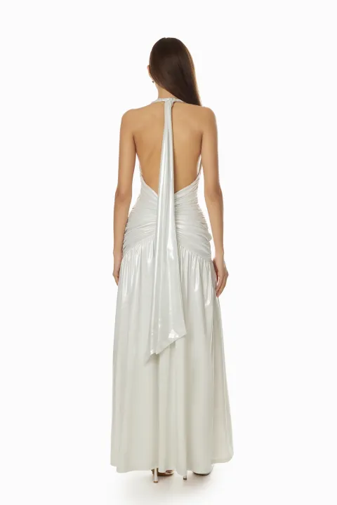 Sparkly silver dress with plunging neckline