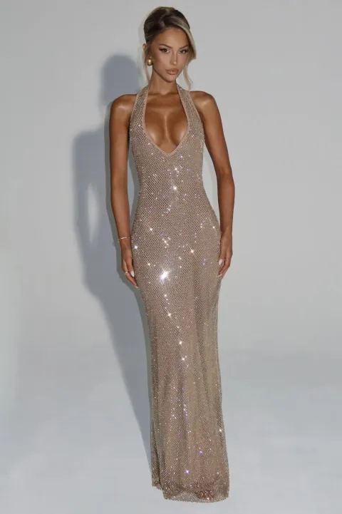 Beige floor-length rhinestone mesh dress