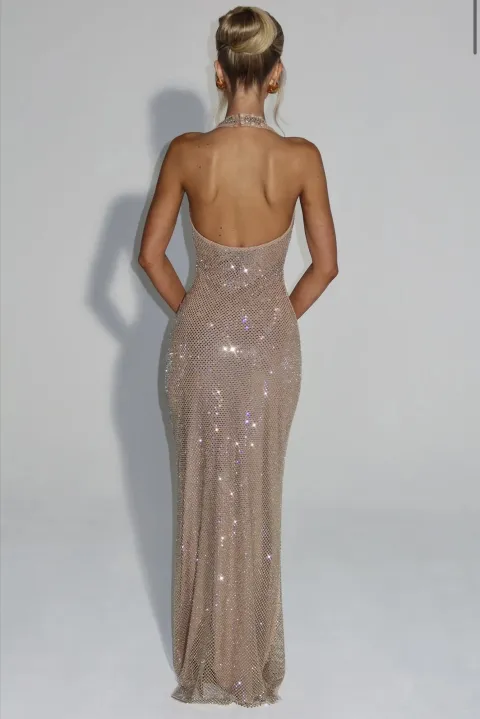 Beige floor-length rhinestone mesh dress