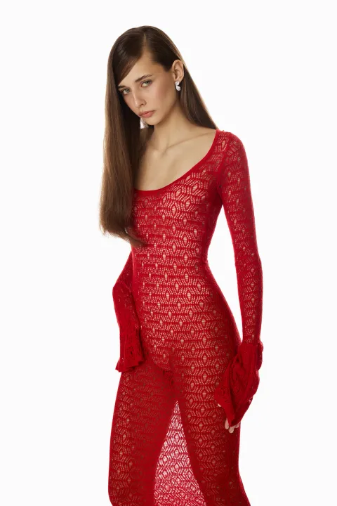 Red woven dress with flared sleeves