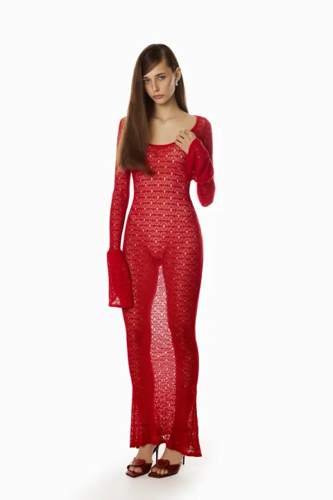 Red woven dress with flared sleeves