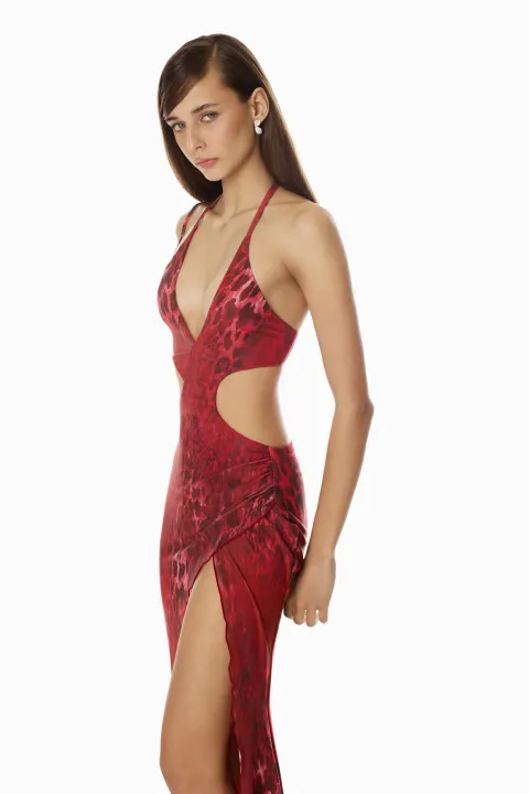 Red leopard print dress with slit