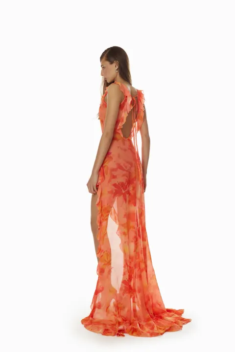 Long orange chiffon dress with floral print