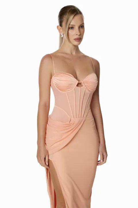 Peach dress with neckline and side train