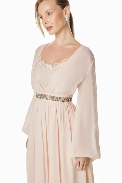 Pink dress with lace neckline