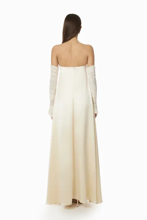 Ivory strapless satin column dress