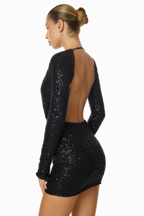 Black sequin mini dress with deep neckline