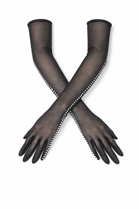 Black mesh gloves with stones along the seam