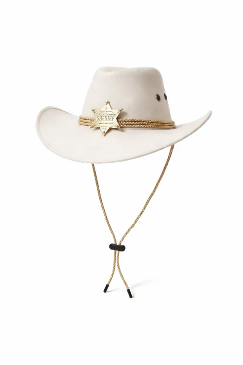 White cowboy-style hat with sheriff badge