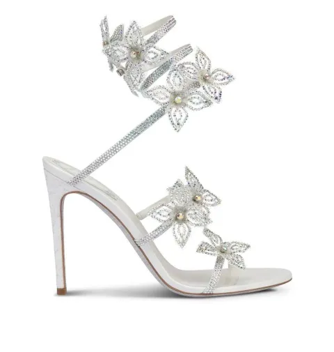 White heeled sandals with flowers and rhinestones