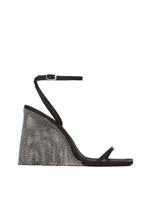 Black heeled sandals with rhinestone heel