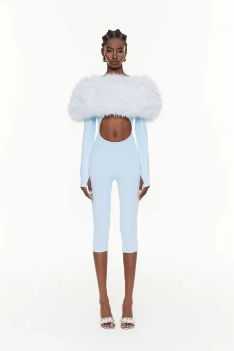 Light blue jumpsuit with fur