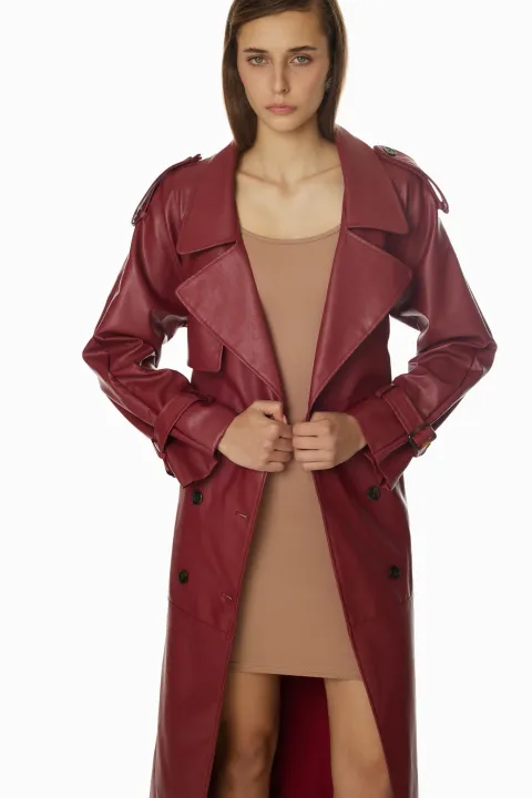 Long red leather trench coat