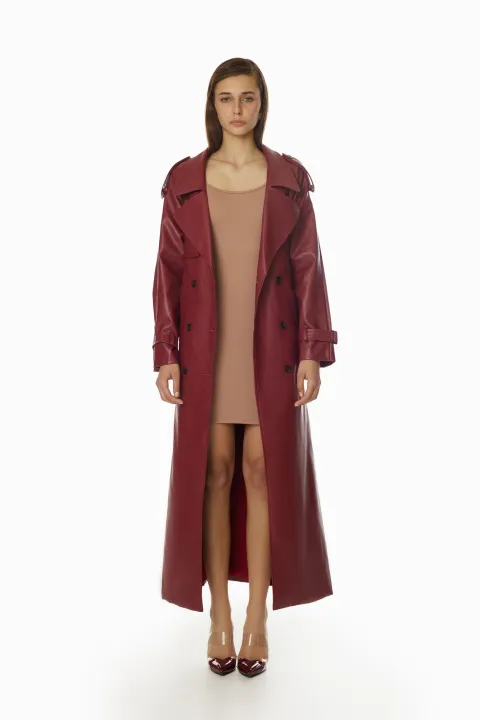 Long red leather trench coat