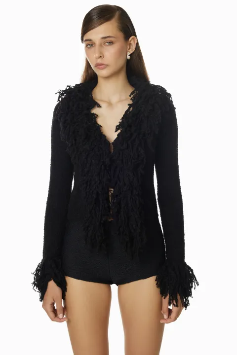Black knitted cardigan with fluffy collar