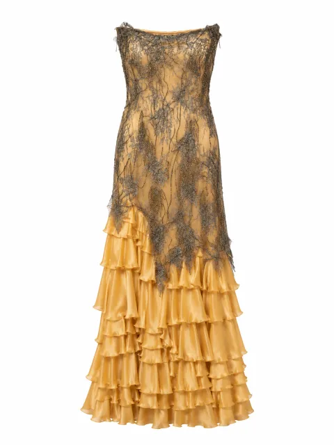 Evening dress with lace embroidery and ruffles