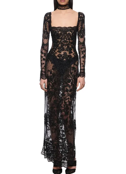 Sheer beaded dress with choker