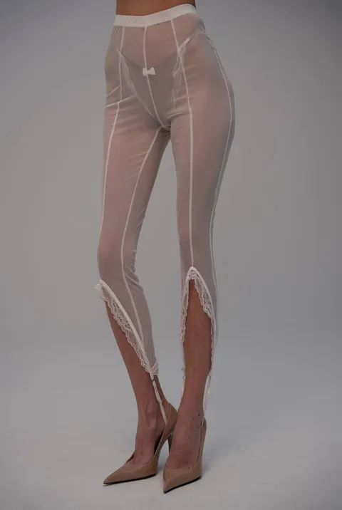 Lingerie-style stirrup trousers with openwork hems
