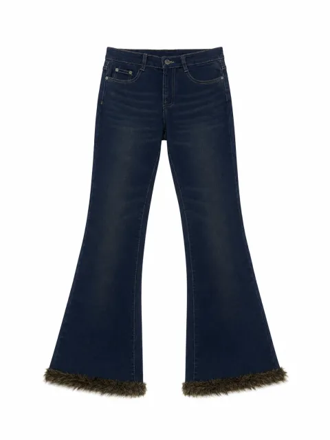Dark-blue flared jeans with fur trim