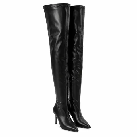 Eco-leather thigh-high boots with pointed toe