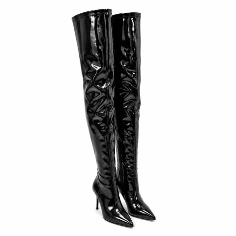 Black patent thigh-high boots