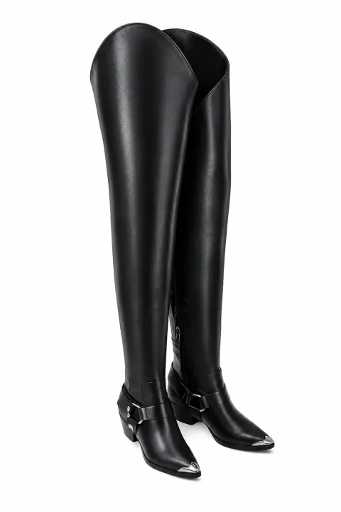 Black cowboy thigh-high boots with pointed toe