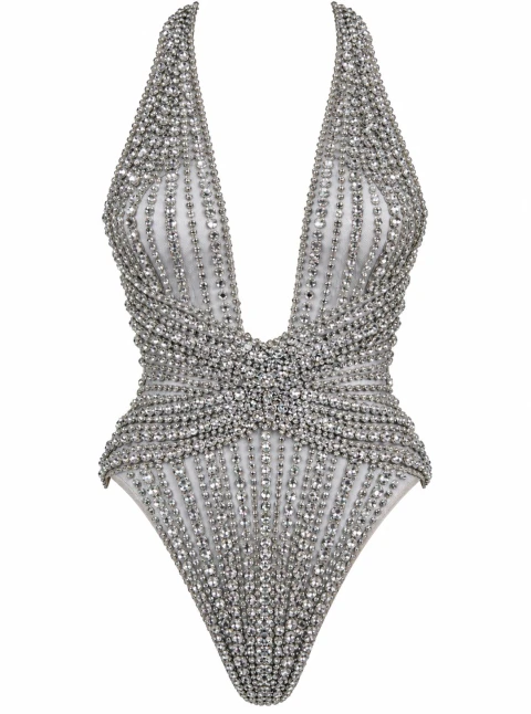 Crystal bodysuit with a plunging neckline