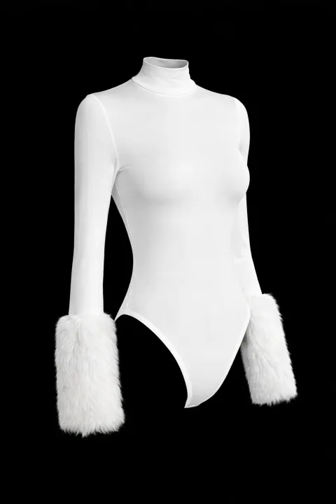 White long-sleeve bodysuit with fur