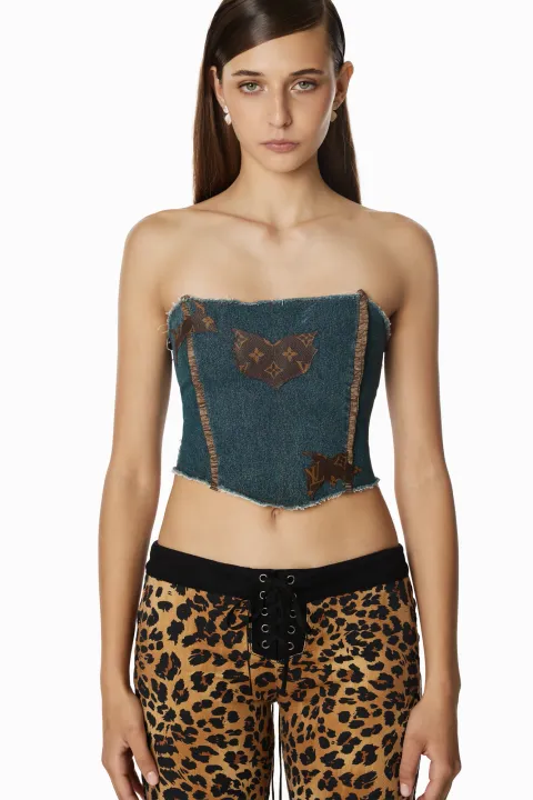 Denim corset with decorative LV leather insert