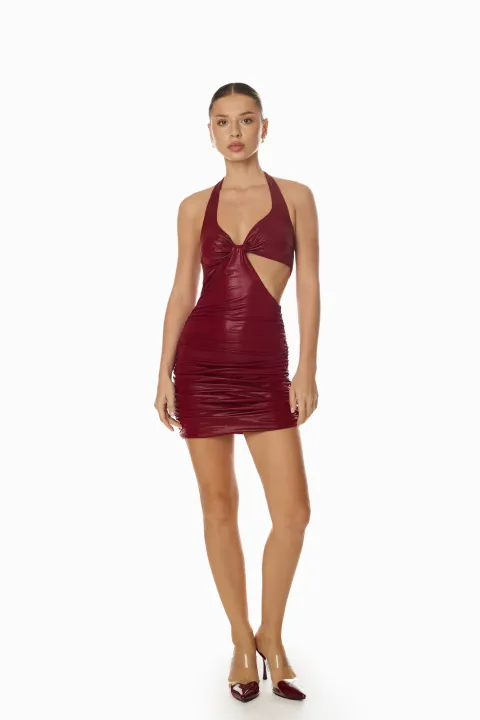 Burgundy mini dress with knotted front