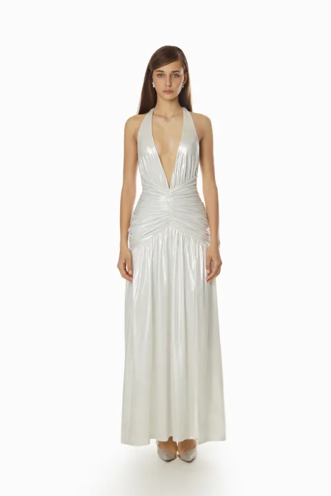 Sparkly silver dress with plunging neckline