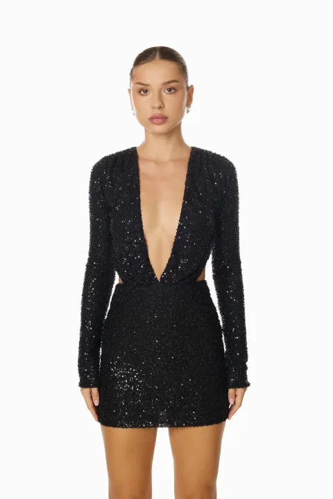 Black sequin mini dress with deep neckline