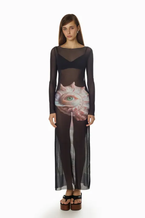 Black mesh dress with shell print