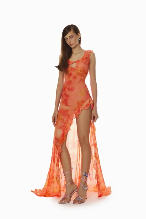 Long orange chiffon dress with floral print