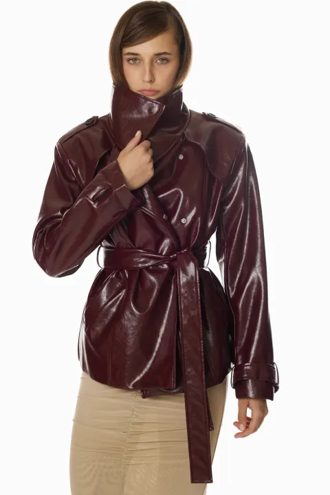Burgundy belted leather jacket
