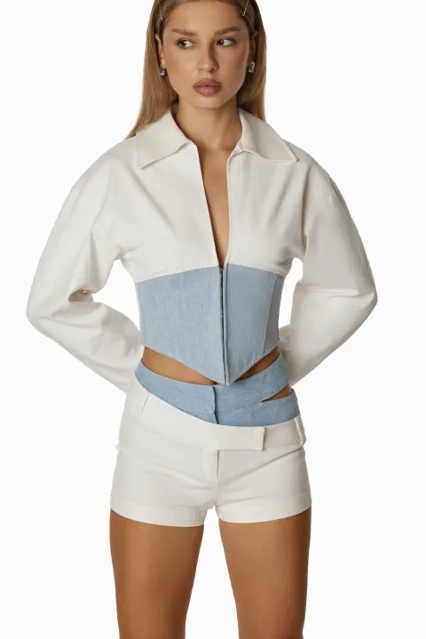 Jacket and shorts set with denim insert