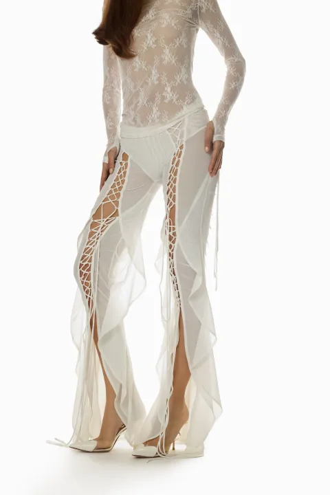 White mesh pants with ruffles and ties