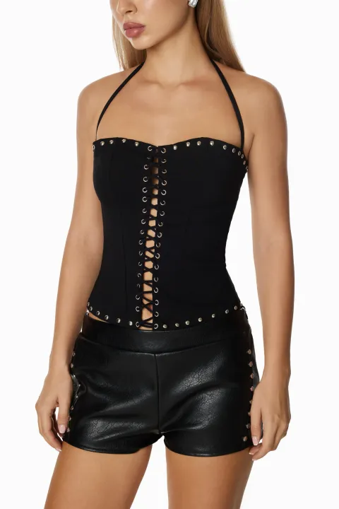 Black leather mini shorts with playboy print