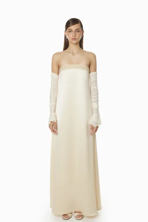 Ivory strapless satin column dress