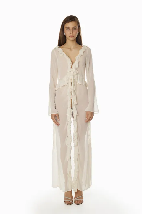 Long milky ruffle robe