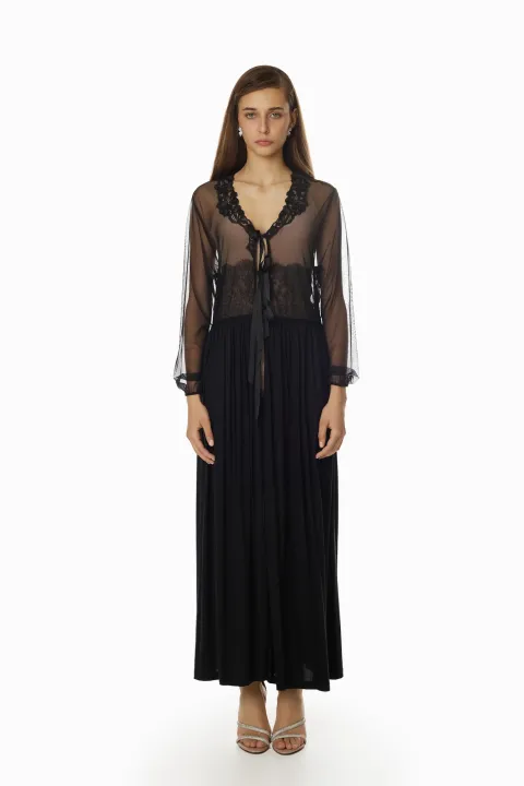 Long black peignoir robe