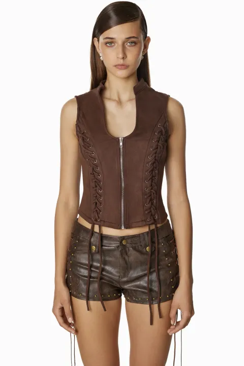 Brown leather cowboy-style shorts with gold buttons