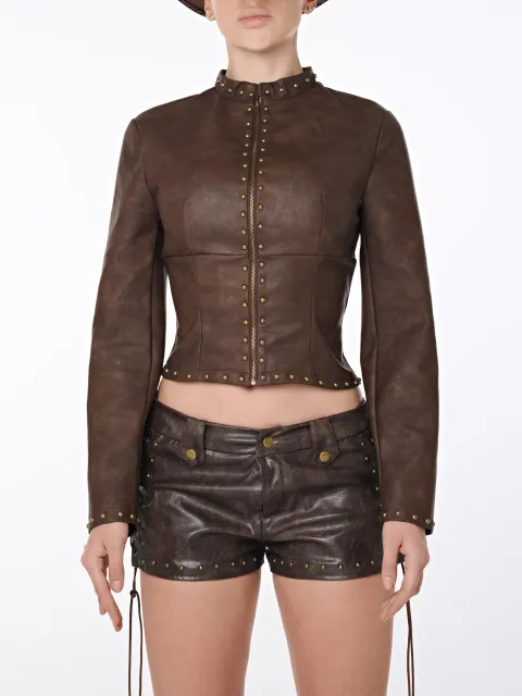 Brown cowboy style leather jacket with gold studs