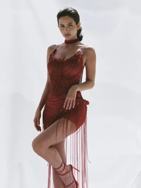 Red sheer rhinestone corset dress