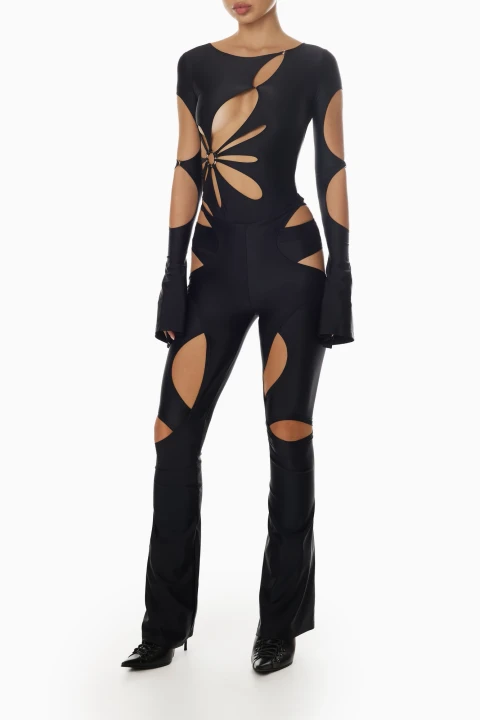 Black fitted bodysuit with decorative cutouts