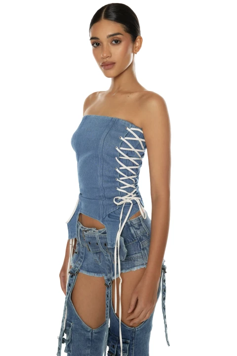 Denim lace-up corset