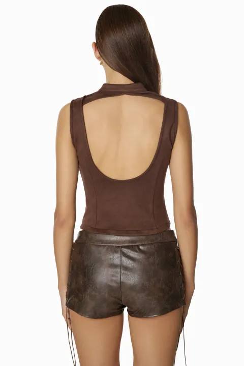 Brown leather cowboy-style shorts with gold buttons