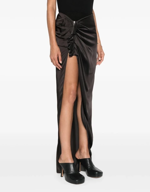 Draped satin maxi skirt with a high slit